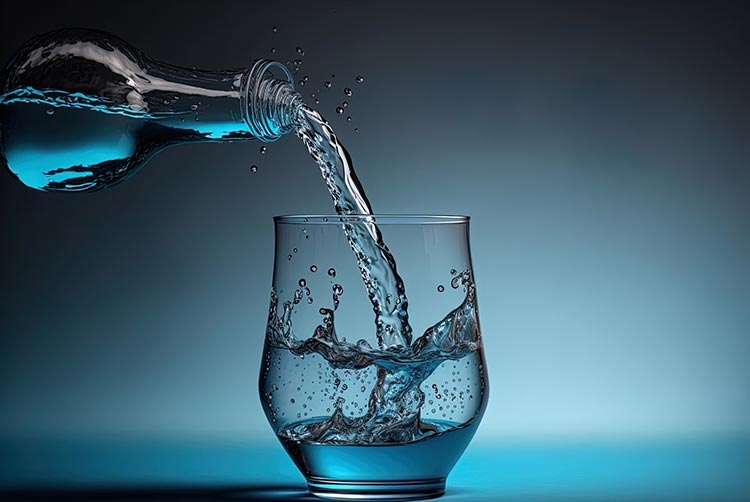 Wasser wird aus einer flasche auf blauem hintergrund in ein glas gegossen