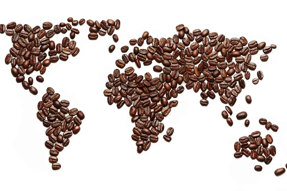 Eine weltkarte aus gerösteten kaffeebohnen, die zeigen, dass menschen kaffee weltweit trinken.
