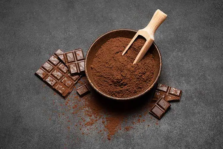Dunkle schokoladenstücke und kakaopulver in holzschale auf dunklem betongrund