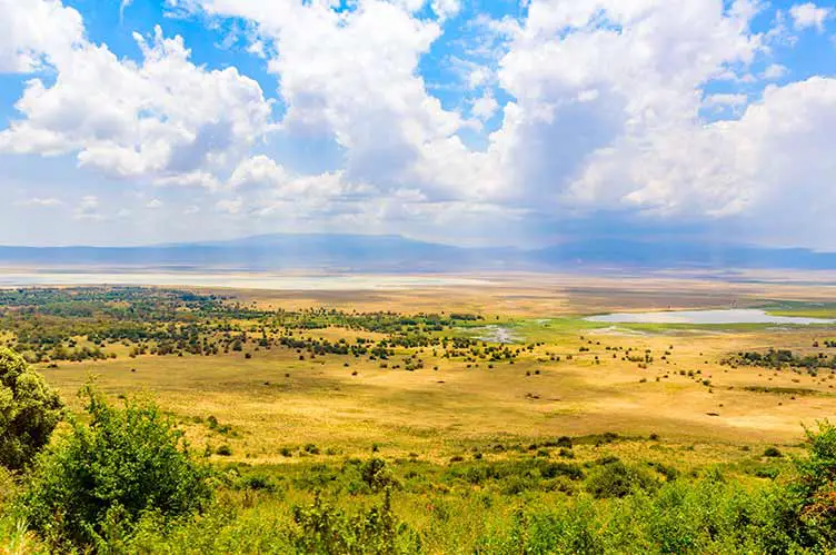 Panorama des ngorongoro-krater-nationalparks mit dem lake magadi. safari-touren in der savanne von afrika. schöne landschaftslandschaft in tansania, afrika