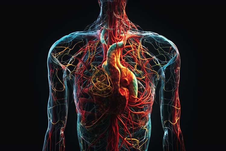 Menschliche anatomie: blut fließt durch die herzkammer, erzeugt durch künstliche intelligenz