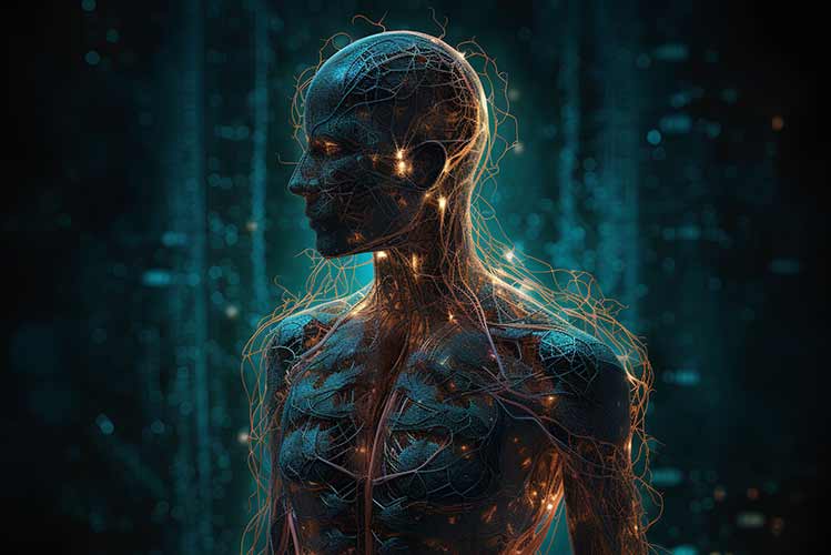 Menschlicher körper mit leuchtenden neuronen und nervensystem auf dunklem hintergrund. 3d-rendering