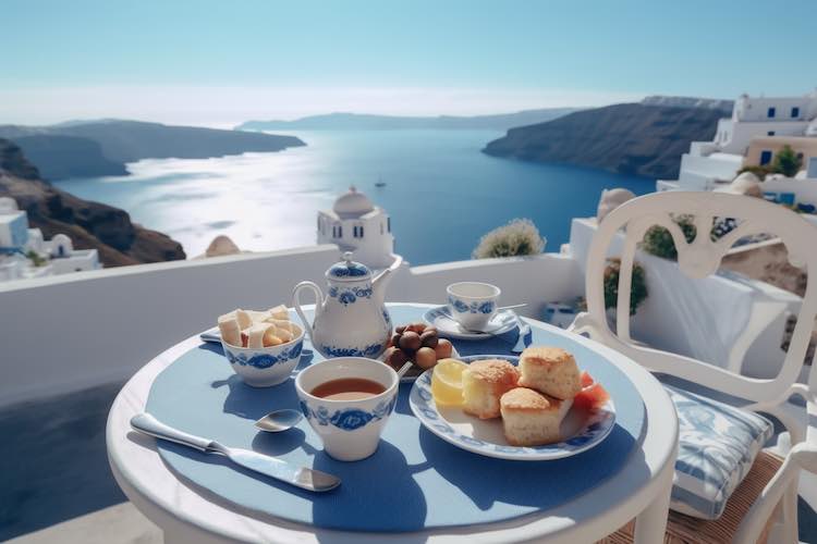Santorini, griechenland. traditionelles frühstück auf der terrasse mit meerblick