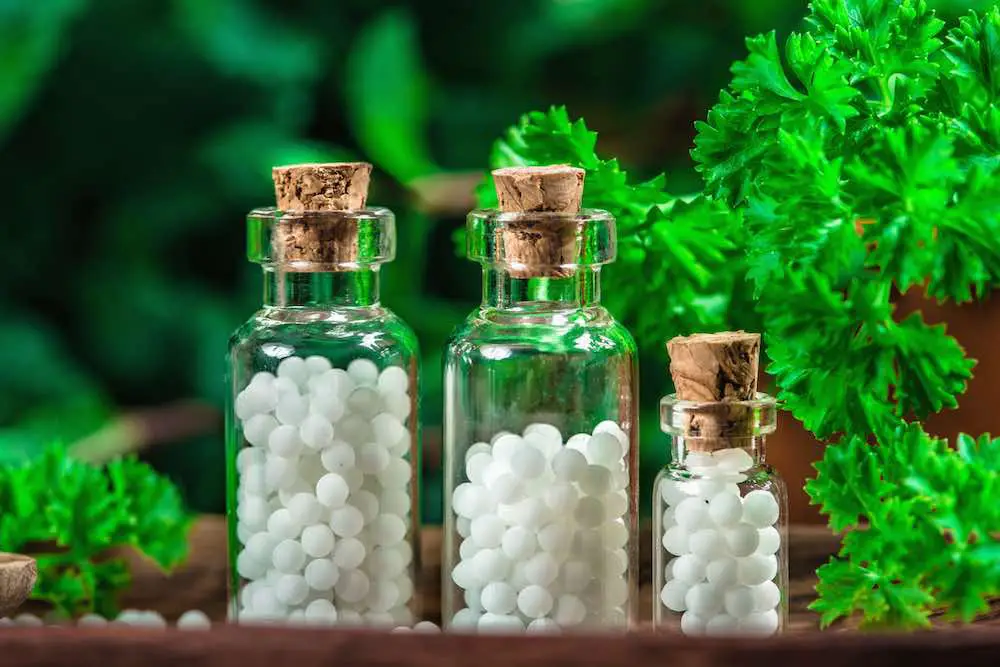 Homöopathische kügelchen in kleinen flaschen mit frischen blättern im hintergrund, homöopathiekonzept