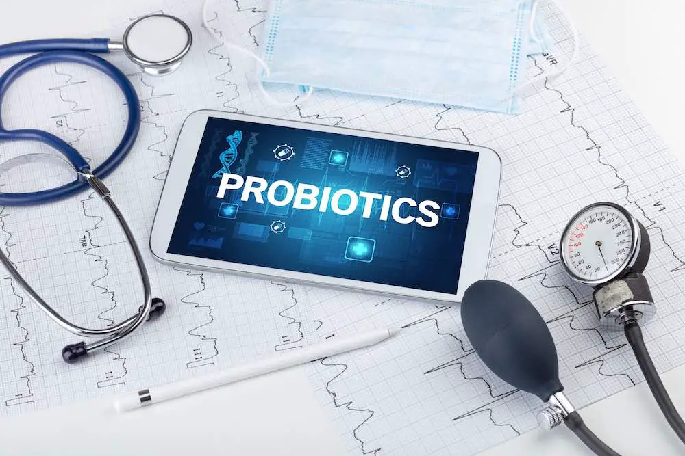 Tablet-pc und medizinisches material mit probiotik-aufschrift, präventionskonzept