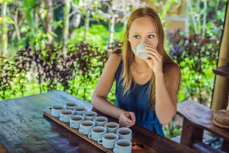 Eine junge frau probiert verschiedene kaffee- und teesorten, darunter kaffee luwak