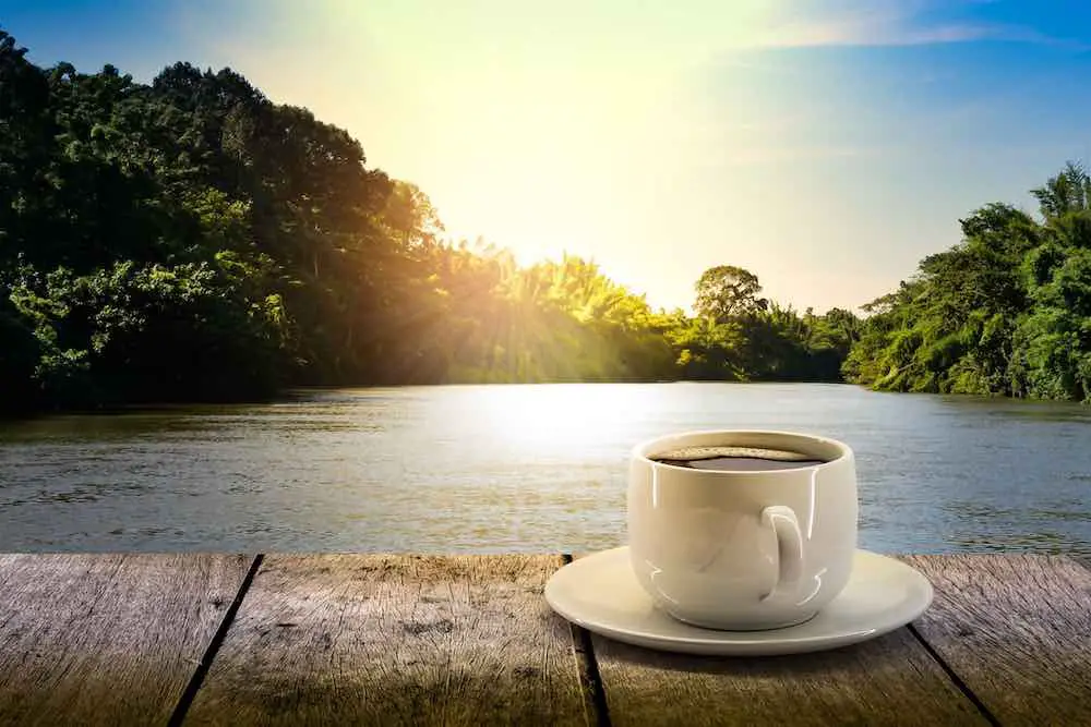 Trinken sie weiße kaffeetasse auf einem holztisch entlang des flusses thailand am morgen geht die sonne auf. 3d-rendering