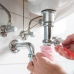 Mann repariert waschbeckenfalle mit verstellbarer rohrzange im badezimmer